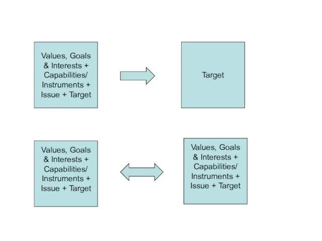 Values, Goals & Interests + Capabilities/ Instruments + Issue + Target Target