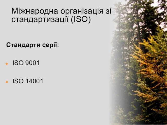 Міжнародна організація зі стандартизації (ISO) Стандарти серії: ISO 9001 ISO 14001