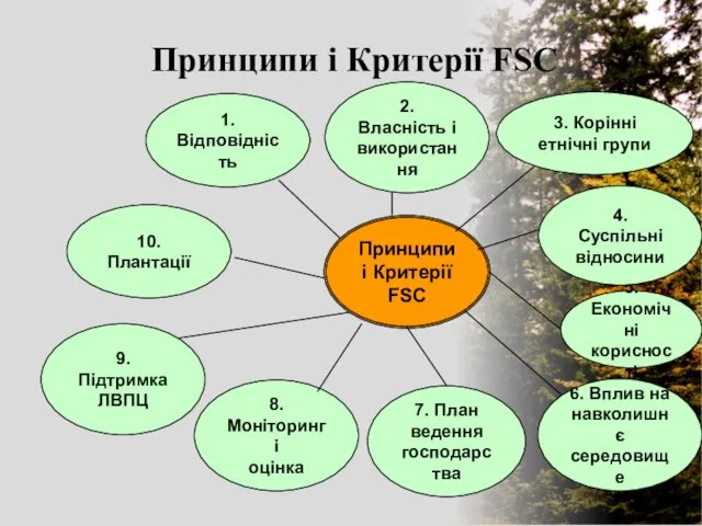 Принципи і Критерії FSC 1. Відповідність 10. Плантації 9. Підтримка ЛВПЦ 8.