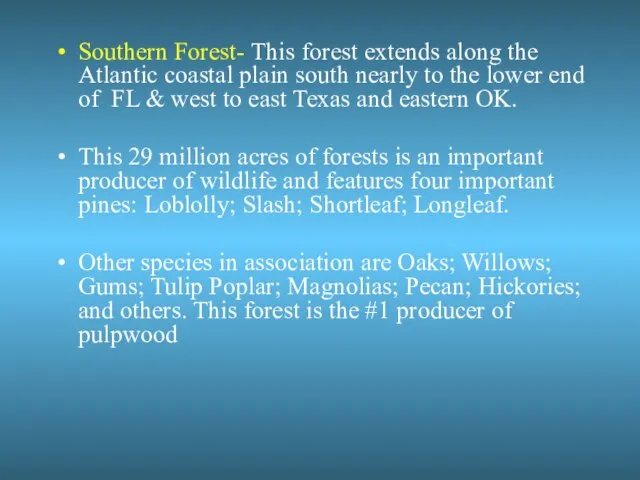 Southern Forest- This forest extends along the Atlantic coastal plain south nearly