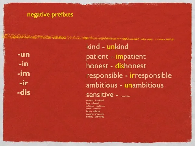 negative prefixes -un -in -im -ir -dis kind - unkind patient -