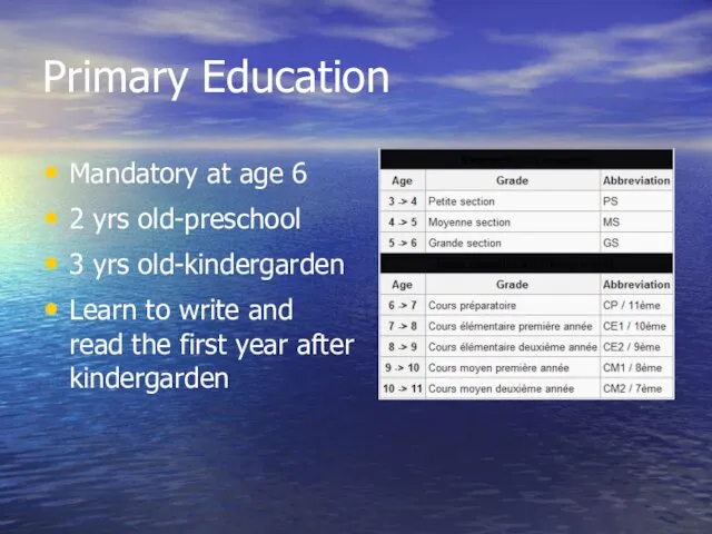 Primary Education Mandatory at age 6 2 yrs old-preschool 3 yrs old-kindergarden