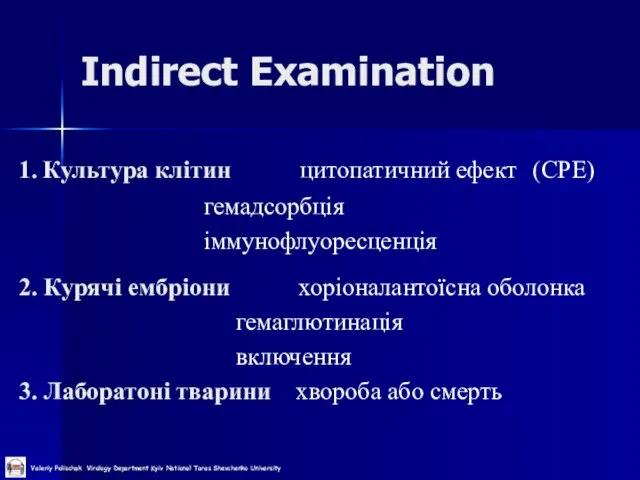 Indirect Examination 1. Культура клітин цитопатичний ефект (CPE) гемадсорбція іммунофлуоресценція 2. Курячі