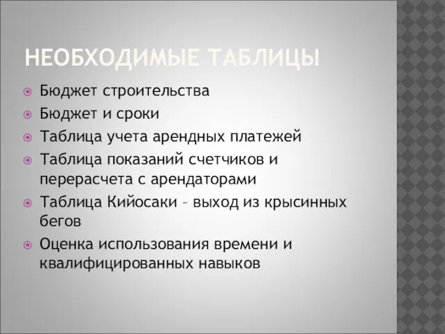 НЕОБХОДИМЫЕ ТАБЛИЦЫ Бюджет строительства Бюджет и сроки Таблица учета арендных платежей Таблица