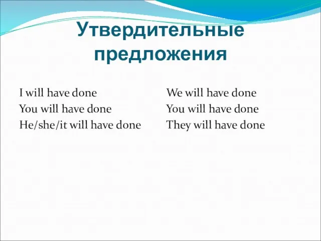 Утвердительные предложения I will have done You will have done He/she/it will