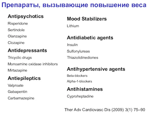 Antipsychotics Risperidone Sertindole Olanzapine Clozapine Antidepressants Tricyclic drugs Monoamine oxidase inhibitors Mirtazapine