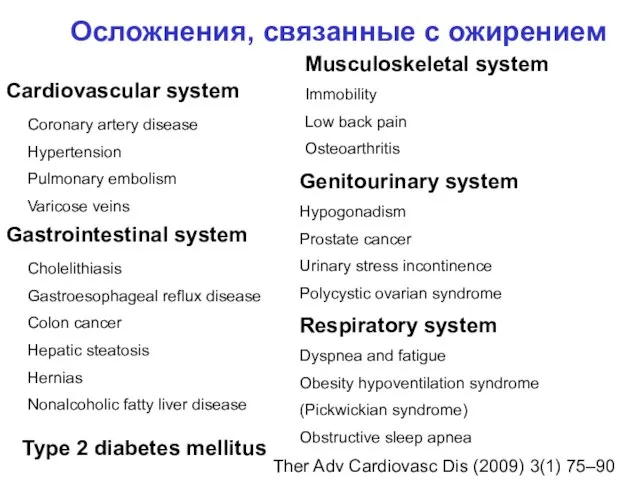 Cardiovascular system Coronary artery disease Hypertension Pulmonary embolism Varicose veins Type 2