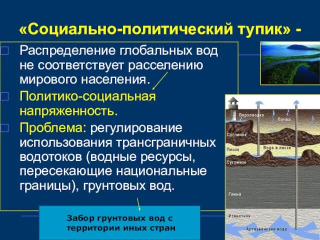 «Социально-политический тупик» - Распределение глобальных вод не соответствует расселению мирового населения. Политико-социальная