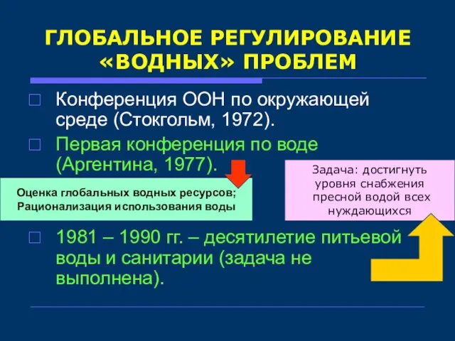 ГЛОБАЛЬНОЕ РЕГУЛИРОВАНИЕ «ВОДНЫХ» ПРОБЛЕМ Конференция ООН по окружающей среде (Стокгольм, 1972). Первая