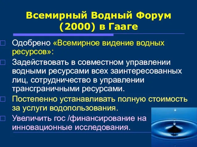 Всемирный Водный Форум (2000) в Гааге Одобрено «Всемирное видение водных ресурсов»: Задействовать