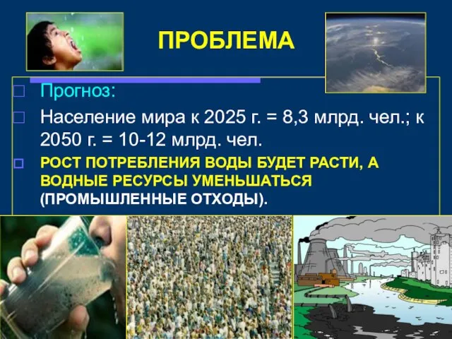 ПРОБЛЕМА Прогноз: Население мира к 2025 г. = 8,3 млрд. чел.; к