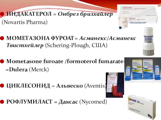 ИНДАКАТЕРОЛ = Онбрез бризхайлер (Novartis Pharma) МОМЕТАЗОНА ФУРОАТ= Асманекс/Асманекс Твистхейлер (Schering-Plough, США)