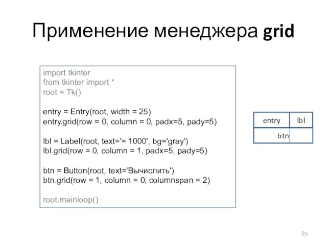 Применение менеджера grid import tkinter from tkinter import * root = Tk()