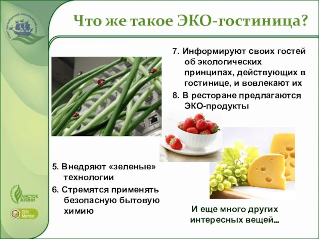 Что же такое ЭКО-гостиница? 5. Внедряют «зеленые» технологии 6. Стремятся применять безопасную