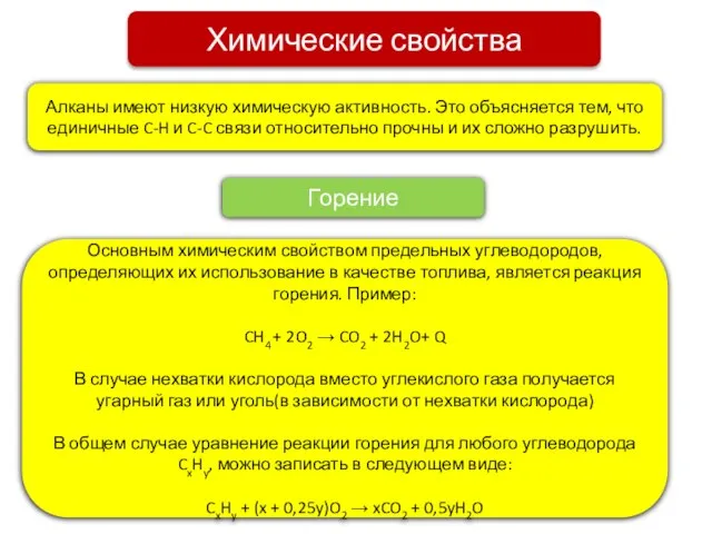 Химические свойства Алканы имеют низкую химическую активность. Это объясняется тем, что единичные