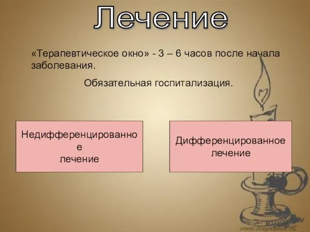 Лечение «Терапевтическое окно» - 3 – 6 часов после начала заболевания. Обязательная