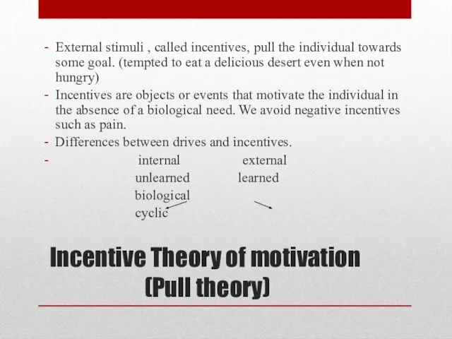 Incentive Theory of motivation (Pull theory) External stimuli , called incentives, pull