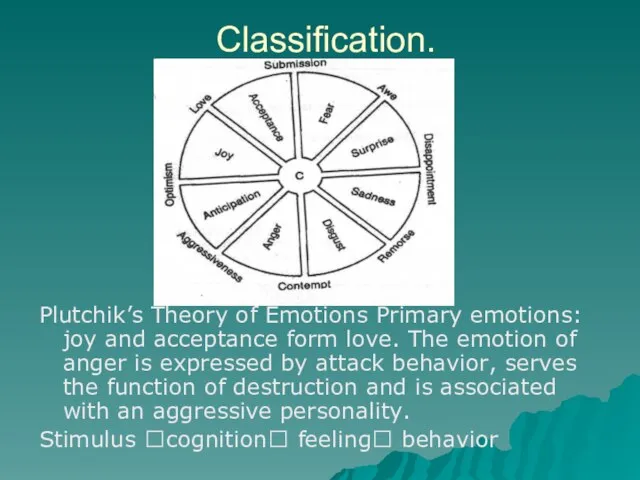 Classification. Plutchik’s Theory of Emotions Primary emotions: joy and acceptance form love.