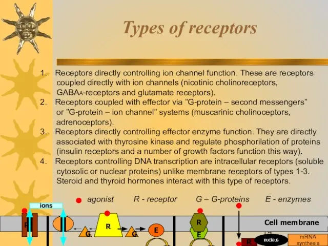 Types of receptors R ions R R R G G E E