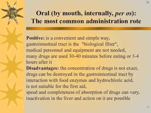 Oral (by mouth, internally, pеr os): The most common administration rote Positive: