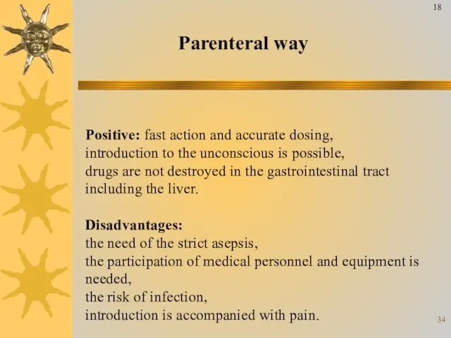 Parenteral way Positive: fast action and accurate dosing, introduction to the unconscious
