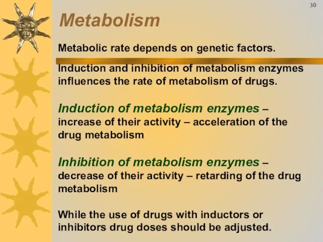 Metabolic rate depends on genetic factors. Induction and inhibition of metabolism enzymes