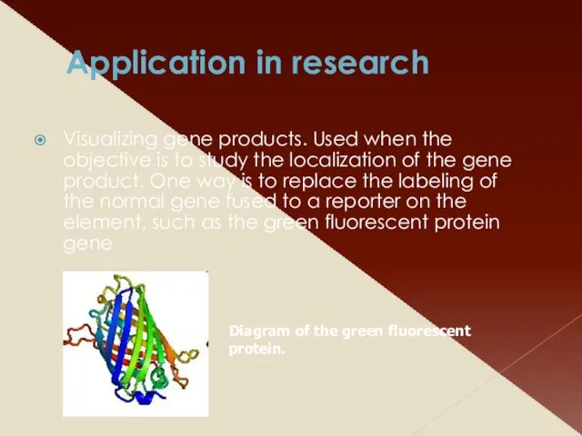 Application in research Visualizing gene products. Used when the objective is to