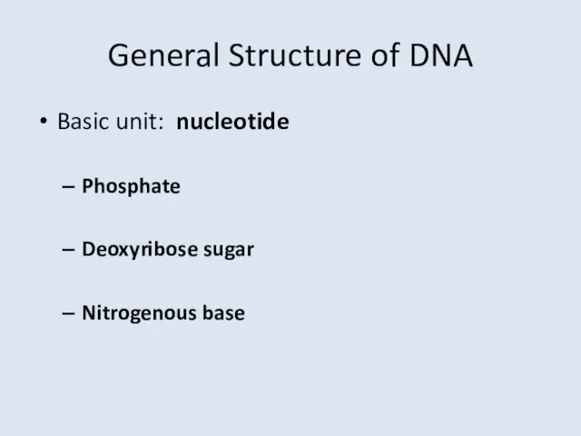 General Structure of DNA Basic unit: nucleotide Phosphate Deoxyribose sugar Nitrogenous base