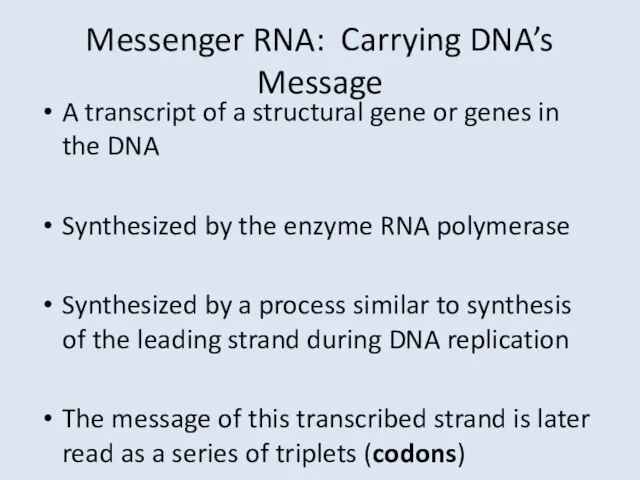 Messenger RNA: Carrying DNA’s Message A transcript of a structural gene or