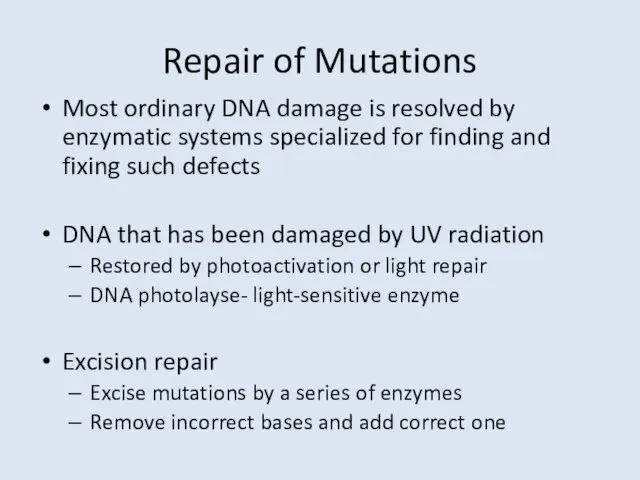 Repair of Mutations Most ordinary DNA damage is resolved by enzymatic systems