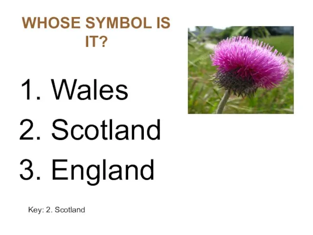 WHOSE SYMBOL IS IT? 1. Wales 2. Scotland 3. England Key: 2. Scotland
