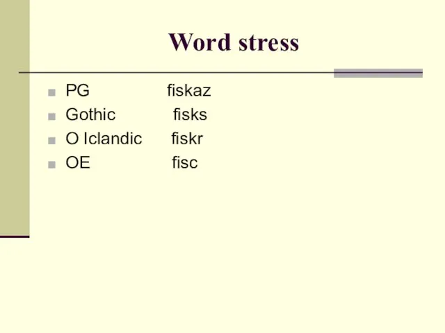 Word stress PG fiskaz Gothic fisks O Iclandic fiskr OE fisc