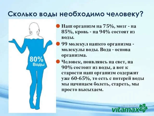 Наш организм на 75%, мозг - на 85%, кровь - на 94%