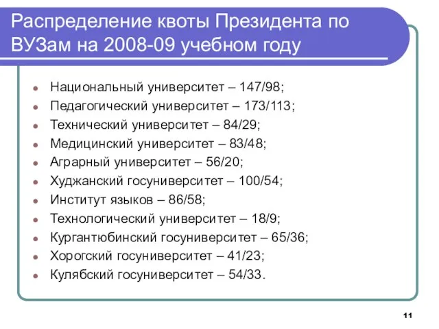 Распределение квоты Президента по ВУЗам на 2008-09 учебном году Национальный университет –