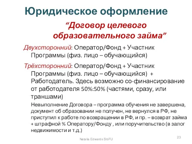 Юридическое оформление “Договор целевого образовательного займа” Двухсторонний: Оператор/Фонд + Участник Программы (физ.