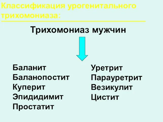 Трихомониаз мужчин Баланит Баланопостит Куперит Эпидидимит Простатит Классификация урогенитального трихомониаза: Уретрит Парауретрит Везикулит Цистит