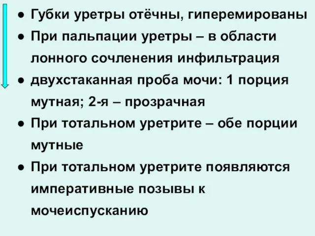 Губки уретры отёчны, гиперемированы При пальпации уретры – в области лонного сочленения