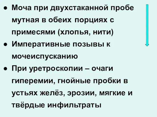 Моча при двухстаканной пробе мутная в обеих порциях с примесями (хлопья, нити)