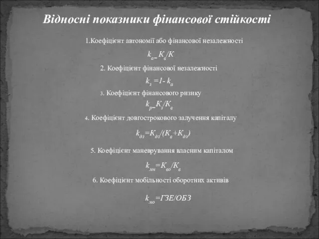 1.Коефіцієнт автономії або фінансової незалежності 2. Коефіцієнт фінансової незалежності 3. Коефіцієнт фінансового