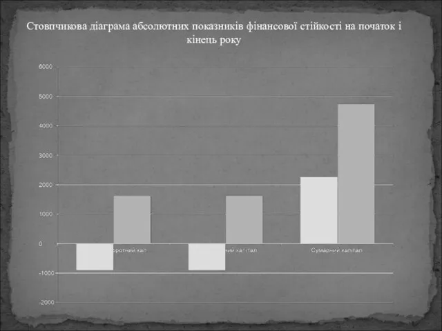 Стовпчикова діаграма абсолютних показників фінансової стійкості на початок і кінець року