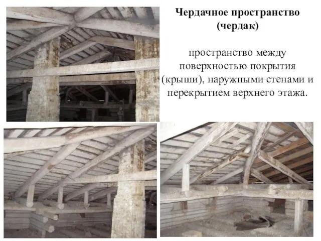 Чердачное пространство (чердак) пространство между поверхностью покрытия (крыши), наружными стенами и перекрытием верхнего этажа.