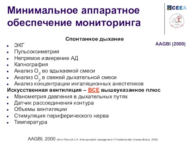 Минимальное аппаратное обеспечение мониторинга Спонтанное дыхание ЭКГ Пульсоксиметрия Непрямое измерение АД Капнография