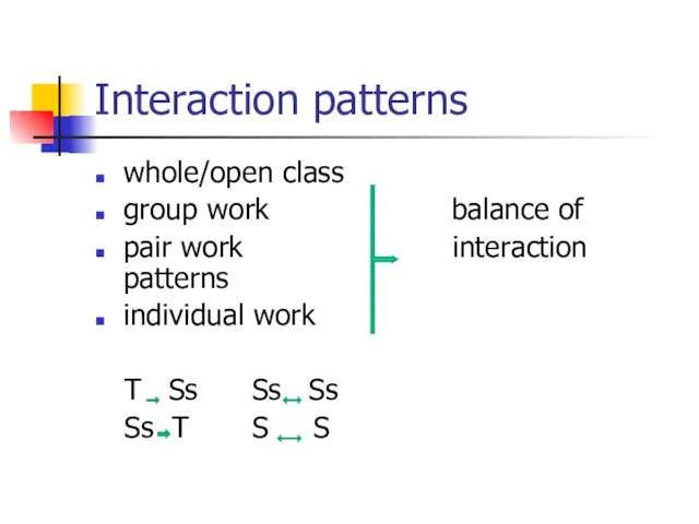 Interaction patterns whole/open class group work balance of pair work interaction patterns