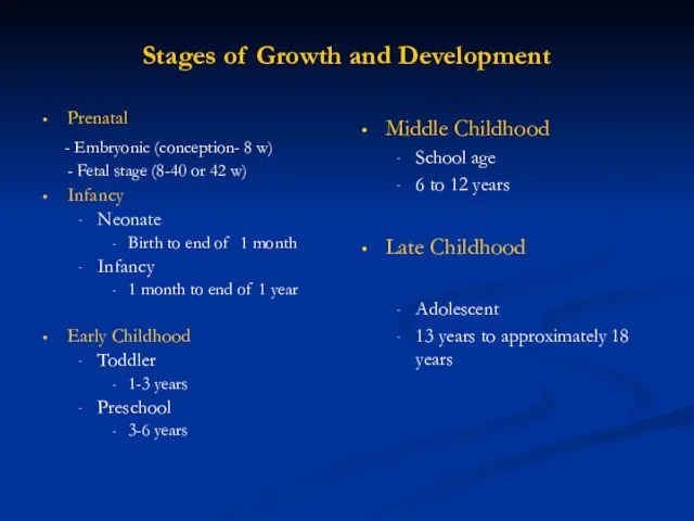 Stages of Growth and Development Prenatal - Embryonic (conception- 8 w) -