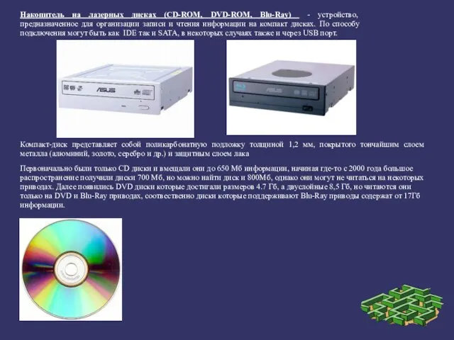 Накопитель на лазерных дисках (CD-ROM, DVD-ROM, Blu-Ray) - устройство, предназначенное для организации