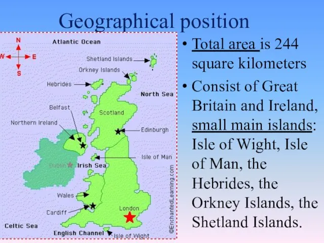 Geographical position Total area is 244 square kilometers Consist of Great Britain