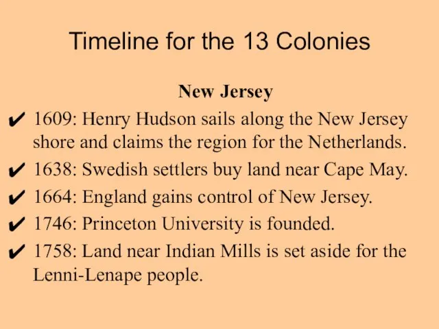 Timeline for the 13 Colonies New Jersey 1609: Henry Hudson sails along