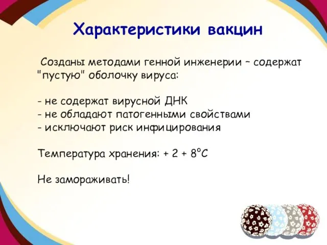 Созданы методами генной инженерии – содержат "пустую" оболочку вируса: - не содержат