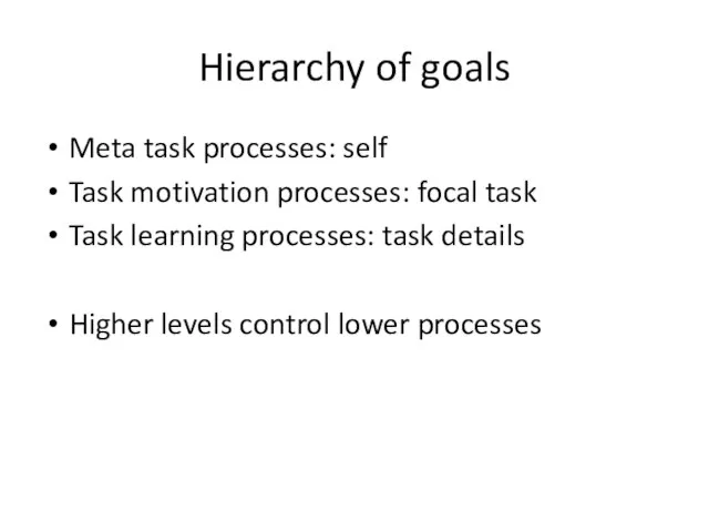 Hierarchy of goals Meta task processes: self Task motivation processes: focal task