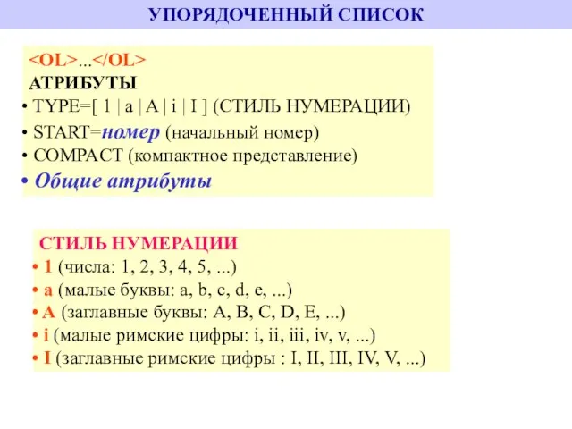 УПОРЯДОЧЕННЫЙ СПИСОК ... АТРИБУТЫ TYPE=[ 1 | a | A | i